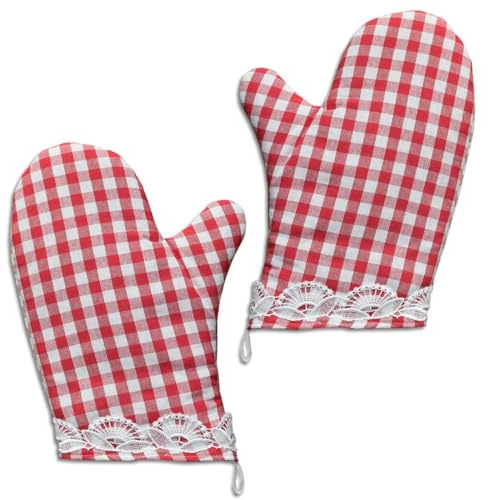 Ofenhandschuhe Hannah mit Vogtländischer Spitze 2er Set – hochwertiger Hitzeschutz | Backhandschuh rot-weiß kariert | dick gefütterter Kochhandschuh Universalgröße | Topfhandschuh Landhausstil