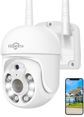 Hiseeu 5MP 3K Telecamera Wi-Fi Esterno 360 Gradi con Visione Notturna a Colori,PTZ Telecamera Esterno,Audio Bidirezionale,Tracciamento Auto,Allarme Luminoso Sonoro, Kit Compatibile