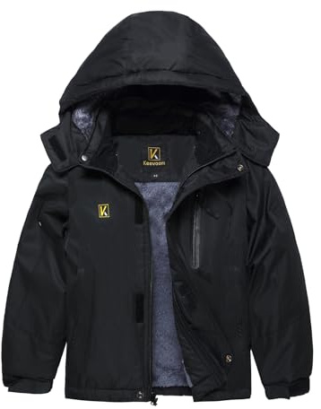 Keevoom Chaqueta de esquí impermeable para niños, abrigo de nieve grueso y cálido, forro polar resistente al viento, para niños, para exteriores, chaquetas de snowboard con capucha, Negro -, 8-9