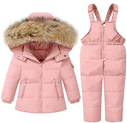 SXSHUN Fille Garçon Combinaison de Ski Doudoune Ensemble de Neige Veste duvet à Capuche Pantalon de Ski Chaud Vêtement d'hiver Enfant, Rose, 4-5 ans