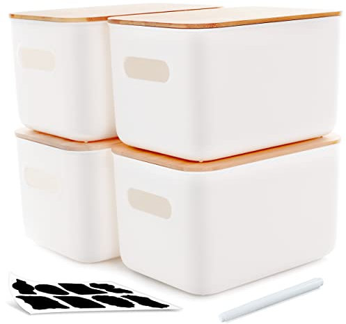 Kerhouze 4 PCS Scatola di immagazzinaggio con coperchio in bambù Impilabile piccola scatola di plastica con maniglia per la cucina camera da letto 25.7 * 17.7 * 15.8cm, 6.5L