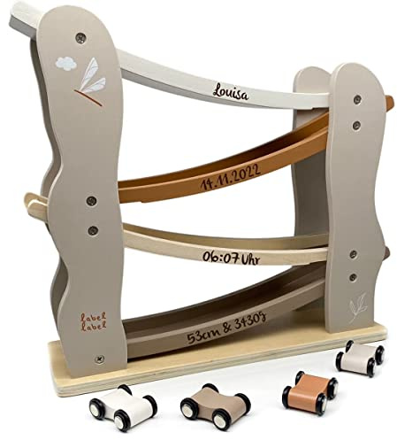 KIDSLINO Label Kugelbahn inkl. Autos Nougat - personalisierbar I Geschenk zur Geburt & Taufe Handmade Holzspielzeug ab 1 Jahr Personalisierte Geschenke Baby Rennbahn mit Name Geburtsdaten