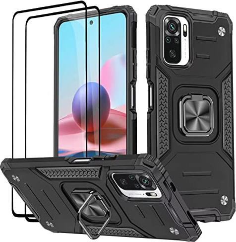 KANSi Funda para Xiaomi Poco M5S / Redmi Note 10S, Cristal Vidrio Templado [2 Piezas] Capa Anillo iman Soporte Hard PC y Silicona TPU Antigolpes Armor Carcasa - Negro