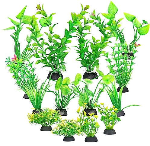 RUCUDIM Akvarium växter dekoration, plastväxter akvarium liten, konstgjorda akvariedekorationer, grön akvarium plastväxter, realistiska akvarieväxter, harts akvarieväxter set