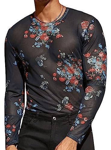 AIEOE Maglietta a rete da uomo, con glitter, lucida, trasparente, a rete, a maniche corte, a maniche lunghe, per club, abbigliamento estivo, a rete, C01# Camicia a maniche lunghe floreale, XS