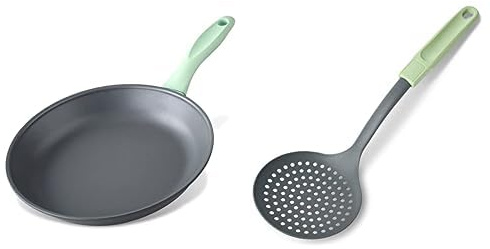 Fackelmann Ecolution Set de Utensilios Sostenibles: Sartén 24 cm de Aluminio Reciclado y Espumadera de Plástico de Origen Vegetal Resistente +270ºC, Mango Ergonímico, Color Verde