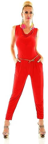 TA Fashion Damen Overall Hosenanzug Hose Jumpsuit Wasserfall Ausschnitt Flecht-Gürtel 34-38
