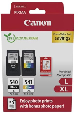 Canon PG540L / CL541XL Lot de 2 Cartouches d'encre Authentiques à Haut rendement Couleurs et Noir 50 Feuilles de Papier Photo 10 x 15 cm
