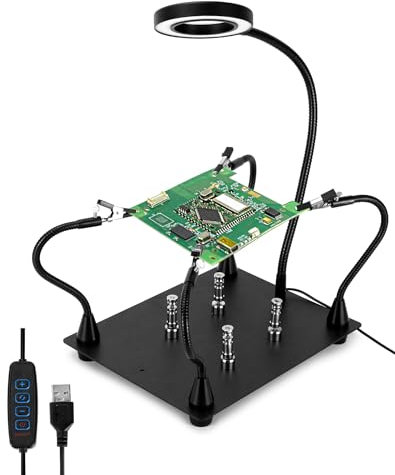 QWORK® Soudure de troisième main, avec lampe loupe LED 6X, 4 bras d'aide à la soudure, 4 colonnes PCB