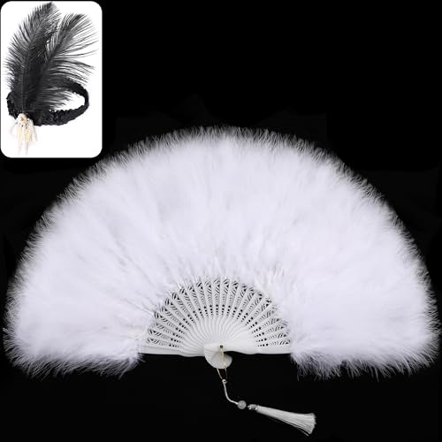 SOGUGOM White Hand Feather Fan with Headpiece | Renaissance Fan for Party, Great Gatsby, Harlem Nights, Burlesque Accessories