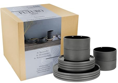CreaTable, 21538, Serie Futuro, 12-teiliges Geschirrset für 4 Personen, Teller Set aus Steinzeug, spülmaschinen- und mikrowellengeeignet, Made in Europe