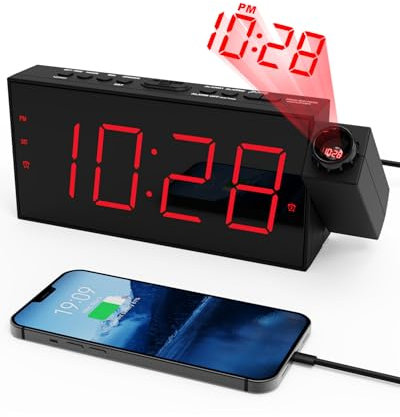 Réveil à Projection pour La Chambre, Reveil Numérique avec Grand écran LED 7 Pouces, Variateur, Projecteur 350°, USB, 12/24h, Snooze, Réveil à Piles pour Enfants, Seniors, Voyage