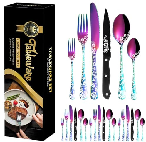 XIAOYU Ensemble d'argenterie 24 pièces avec couteaux à steak, ensemble de couverts en acier inoxydable pour 4 personnes, ensemble de couverts au design unique en forme de fleur de pivoine, Le Rainbow