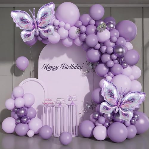 Ghirlanda Palloncini Viola, 124 Pezzi Kit Arco Palloncini Compleanno Bambina, Palloncini Farfalla Palloncini in Lattice per Compleanno, Anniversario, Festa Matrimonio Decorazioni, Baby Shower