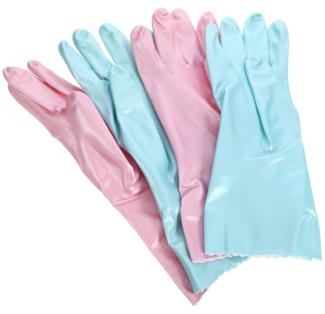 BCOATH Rubber Dishwashing Gloves 2 Pairs Thickened Waterproof Cleaning Gloves for Kitchen Household Use Flocked Lining, Medium Size Blue and Pink