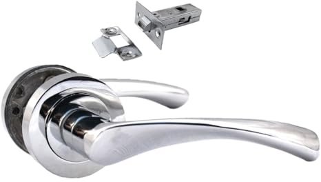 Polished Chrome Twist Door Handle Set, Interior Latch Lever on Rose, Door Latch Chrome, Door Handle Latch, Privacy Lockable Handle for Bathroom, Bedroom (1 Pair of Handles + Tubular Latch)