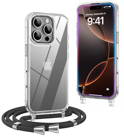OLEPHY Handykette für iPhone 16 Pro Hülle mit Band, Schwarz | Handyhülle mit Verstellbarem und Demontage Umhängeband, Transparent Stoßfeste Hülle zum Umhängen Kordel, (6,3 Zoll)