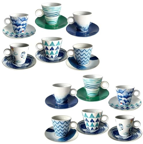 PALUPLUS Set 12 Tazzine Caffè con Piattino in Porcellana da 80 ml, Tazze da Espresso con manico, Lavabili in Lavastoviglie, adatte per Microonde, FANTASIA OCEAN -268