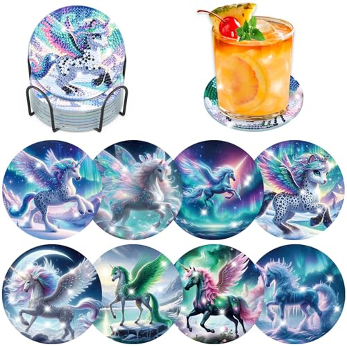 Lxmsja 8 Stück Untersetzer für Diamond Painting, Einhorn, Untersetzer, Diamant-Malerei, Untersetzer mit Halterung, für Tassen, Weingläser, Vasen und Haushaltsküche