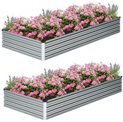 ZUNUDA 8×2×1FT(2PCS) Galvanized Raised Garden Bed Kit Metal Planter Boxes，Large Outdoor Planters Garden for Planting Vegetables,Flowers,Herbs -Silver