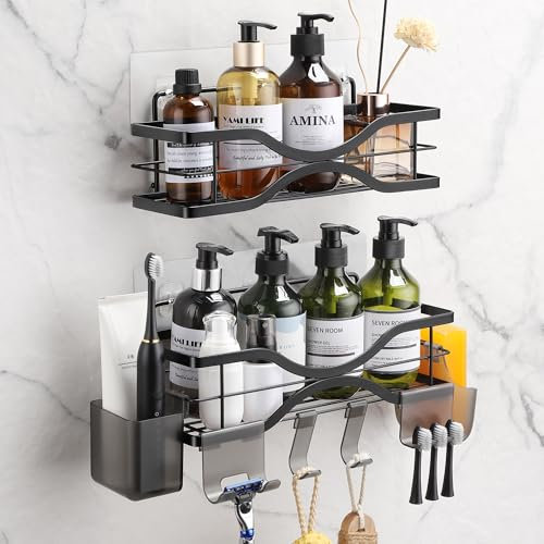 ALOCEO Duschablage ohne Bohren Schwarz 2 Stück mit 6 Haken, Edelstahl Badezimmer Regal für Shampoo Duschgel