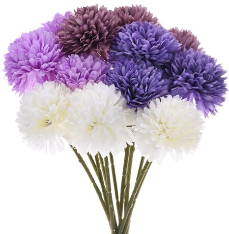 M METERXITY 12-Pack Artificial Chrysanthemum Ball Flowers, 11 inch | Cream White Light Purple Autumn Purple Purple, Chrysanthemum Silk Bouquets, Real Touch Faux Flowers, for Wedding, Christmas