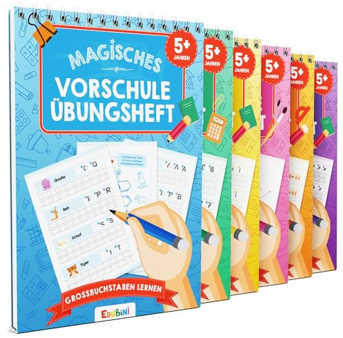 Edubini Magische Vorschule Übungshefte ab 5 Jahren für Junge & Mädchen - [6 Hefte + Stift] - Wiederverwendbare Schreiblernhefte für Vorschule - Buchstaben lernen, Schreiben lernen (6er Set)