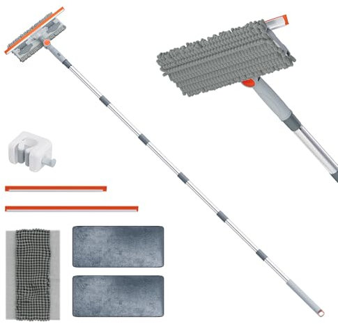 6.4FT Extendable 2-in-1 Window Washing Kit with Long Handle, 180° Rotatable Head & No-Drill Storage Holder, Streak-Free Window Squeegee for High Windows, Glass, Shower, and Car Windshield Cleaning