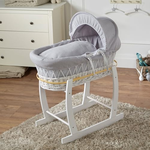 For Your Little One Wicker Moses Basket with Rocking Stand, 83 x 49 cm, Hand-woven Natural, Hypoallergenic Mattress White Wicker/Waffle Pattern (Grey)