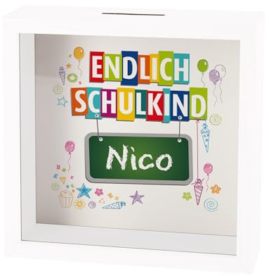 Striefchen® Personalisierte Spardose zur Einschulung – Bilderrahmen mit Name – Endlich Schulkind – Geldgeschenk zur Schuleinführung