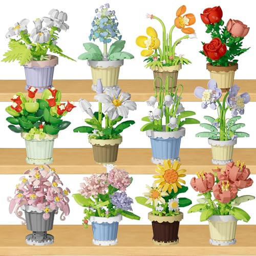 12 Pack Flowers Succulents Mini Building Set - 2531PCS Flower Botanical Collection for Home Décor Plant Building Blocks Toy, Party Favors Gifts for Easter Birthday Adults Women Kids 10+