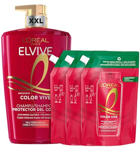 L’Oréal Paris Elvive Color Vive Pack 1 Champú Protector para pelo teñido 1L + 3x Champú Protector para pelo teñido refill 500ml