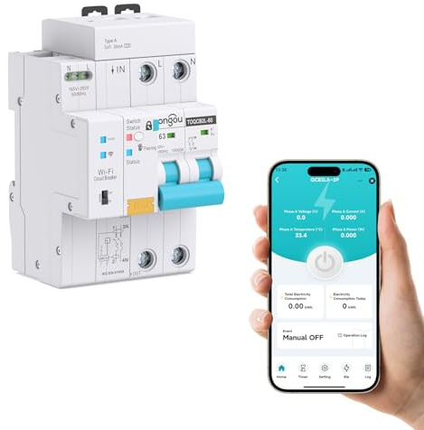 TONGOU Disjoncteur de protection WiFi RCBO 2P 63A 30mA Fi, disjoncteur de protection pour câbles type A pour maison et prises, Icu10kA, monté DIN, télécommande intelligente