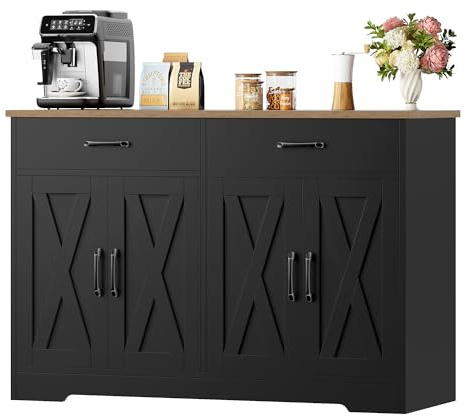 HOCSOK Sideboard, 120cm Kitchen Cabinets with 2 Drawers, Wooden Storage Cupboard Cabinet for Kitchen, Living Room, Dining Room, Hallway, Black & Brown