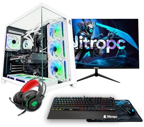 NitroPC - Pack Extremo | PC Gaming Completo (AMD Ryzen 7 5800X 3.8GHz, RTX 5060 8GB, RAM 32GB, M.2 1TB, Windows 11 Pro, RGB | WiFi, Monitor 24, Teclado, ratón, Auriculares) PC sobremesa (Blanco)