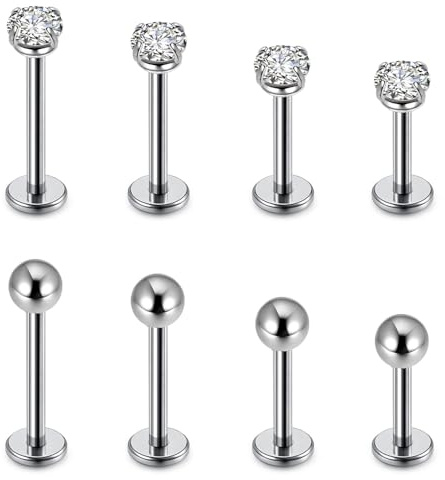 8pcs Lip Piercing Jewellery,Lip Bar,Bottom Lips Helix Cartilage Rhinestone Earrings Kits Fashion Lip&Tragus&Nose Internally Threaded Pierce Labret Studs Ball Earring Bars for Boy,Girl(Stainless Steel)