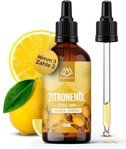 NORDHOLZ® Zitronenöl 100ml [100% naturrein] Frisch & vitalisierend – Ätherisches Öl in Pharmaqualität aus schonender Kaltpressung – Vegan, Laborgeprüft – Für Sauna, Diffusor & Aromatherapie