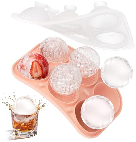 Eiswürfelform Groß-5cm, BPA-Frei Silikon Eiswürfelform 6 Rund / 3 Verschiedene Kugelförmige Ice Cube Tray Eiswürfelbehälter mit Deckel für Cocktail, Whiskey, Saft, Kaffee Eiskugel (Rosa)