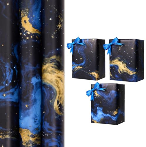 3 Rolls Black and Blue Gift Wrapping Paper, 43cm*3M Starry Sky Wrapping Paper for Birthday, Valentine's Day Gift Decoration