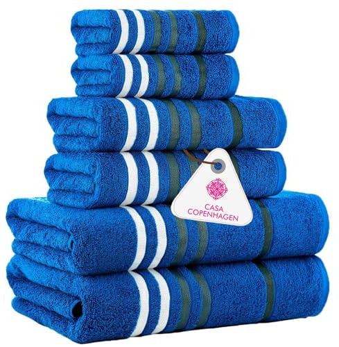 CASA COPENHAGEN Set di asciugamani Exotic da 6 pezzi – Blu elettrico, 525 g/m², 2 asciugamani da bagno, 2 asciugamani per le mani, 2 salviette in morbido cotone egiziano per bagno, cucina e doccia