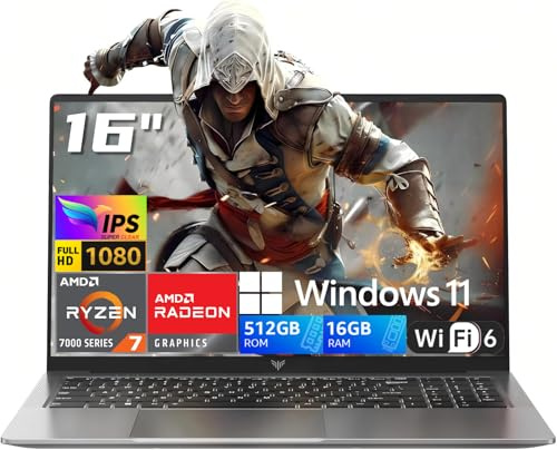 2026 AMD Laptop with Ryzen 7 7735HS Game-Processor(8C/16T,Up to 4.75GHz) Light Gaming Laptop AMD Radeon 680M Graphics, 16GB DDR5 512GB SSD, Win 11 Pro Laptops, 16 FHD IPS Display, Backlit KB, Wi-Fi 6