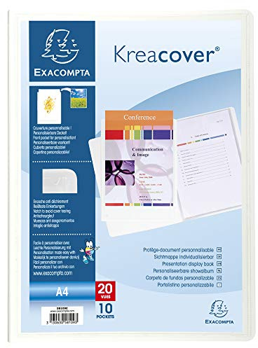 Exacompta - Réf. 58109E - 1 Protège-documents personnalisable Kreacover Chromaline - 10 pochettes cristal lisse - 20 vues - pour A4 - dim 24 x 32cm - couverture en polypro rigide - couleur blanc