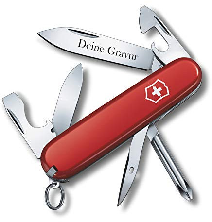 Victorinox Coltello da Tasca Tinker con Richiesta Incisione Auf der Lama I Regalo per Uomini Donne I per Compleanno I Svizzero Personalizzato con 12 Funzioni 1.4603 - Rosso, 91x27x14 mm