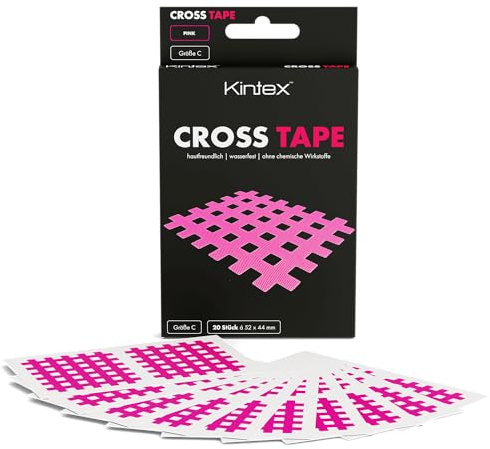 Kintex Cross Tape - selbstklebendes, hautfreundliches, wasserfestes Kinesiologie-Tape - Gittertape für Schmerz- und Trigger-Punkte - 20 Stück - Pink - 44 x 52 mm