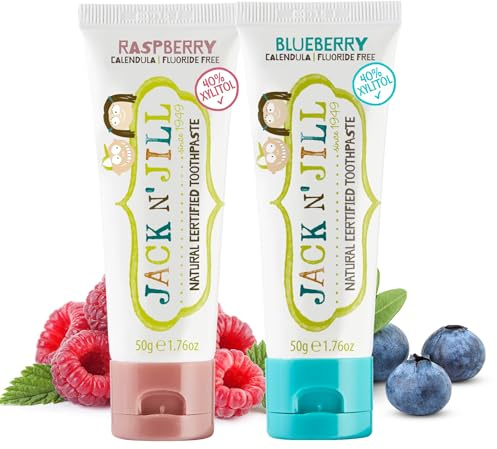 Jack N' Jill Natural Toothpaste for Baby and Infants - Fluoride Free Training Toothpaste, 40% Xylitol, BPA Free - Blueberry & Raspberry, 1.76 oz (Pack of 2)