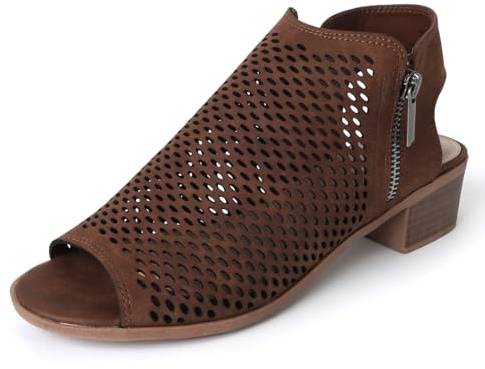 J. Adams Tracy Perforated Flat Bootie - Casual Open Toe Low Heel - Cut Out Shoe, Light Brown, 9