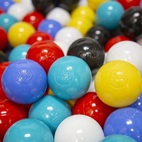 KiddyMoon 200 Ø 6 cm barnbollar för bollbad, lekbollar, baby, plastbollar, tillverkade i EU, svart/vit/blå/röd/gul/turkos