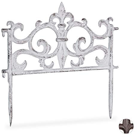 Relaxdays Beetzaun, Gusseisen, Vintage Design, einzeln, erweiterbar, Erdspieß, dekorativer Steckzaun, HxB 27x27 cm, weiß, 1 Stück