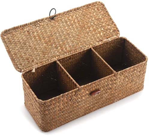DOKOT Cesta tejida con tapa, cestas de almacenamiento de pastos marinos, cesta de mimbre con tapa, cesta de almacenamiento de ratán tejida con tapa, contenedor rectangular de pastos marinos con