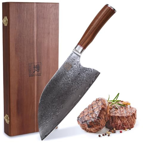 zayiko Kurumi Premium Kochmesser Chai Dao mit 20 cm Klinge gefertigt aus 67 Lagen echtem Damaststahl mit Nussbaumgriff I Holzbox I Damastmesser Küchenmesser und Profi Kochmesser
